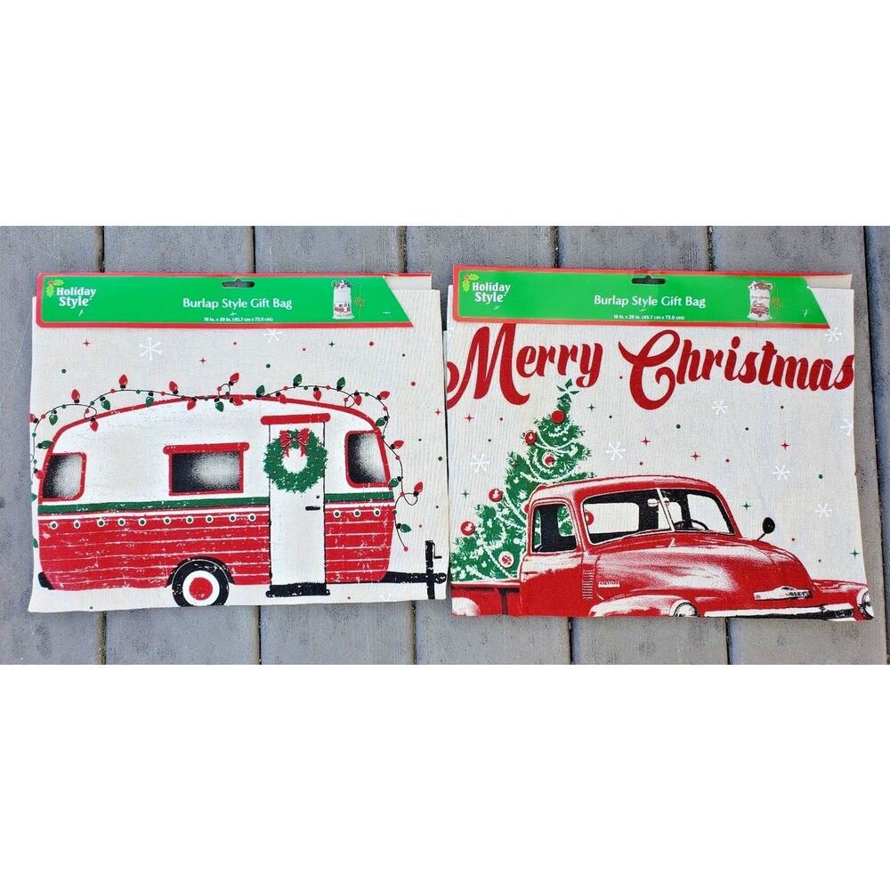 Holiday Style Christmas Red Truck & Camper Burlap Drawstring Bags Set of 2 New